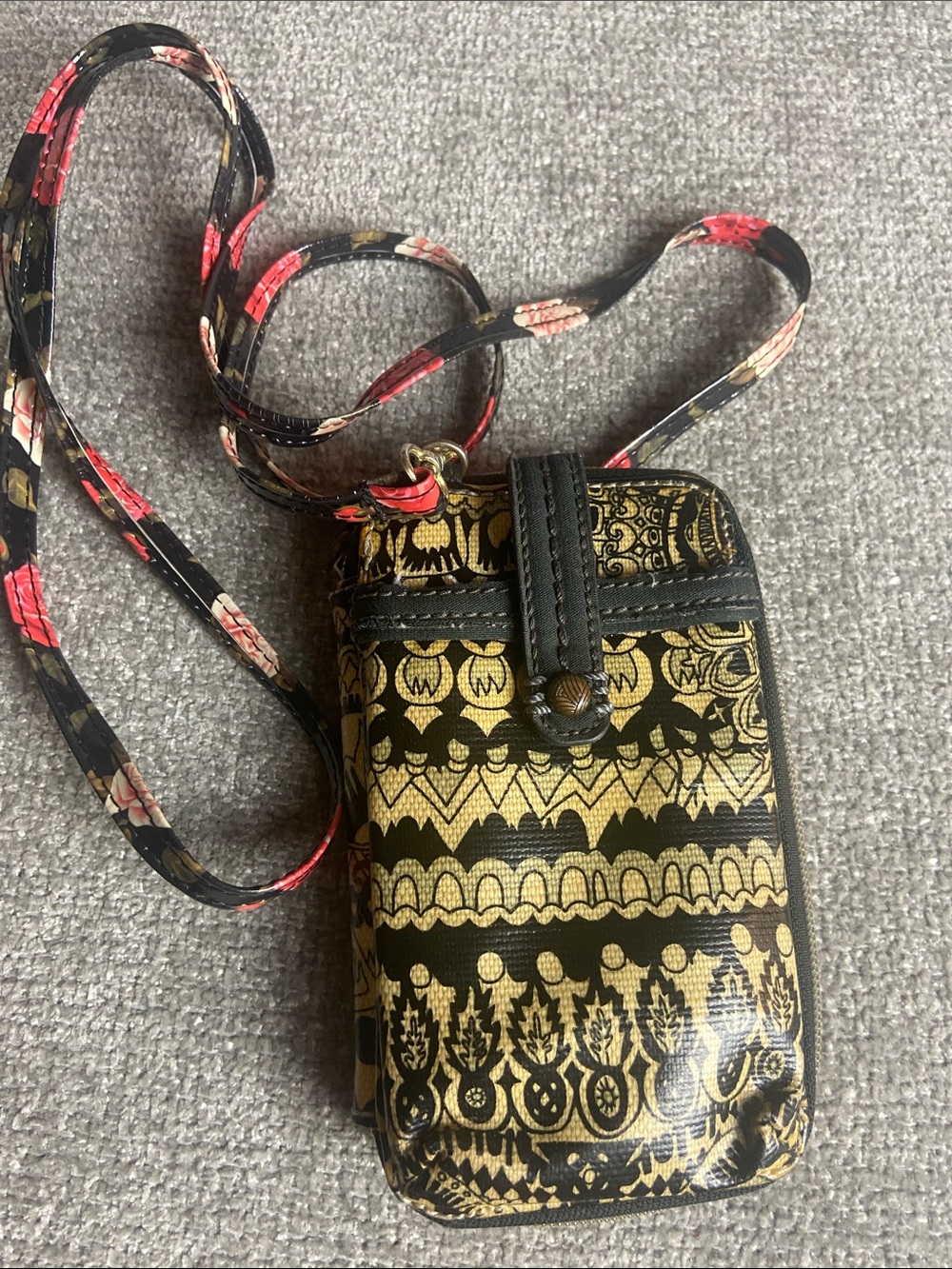Sakroots Black & Gold Patterned Crossbody Phone Bag with Floral Strap